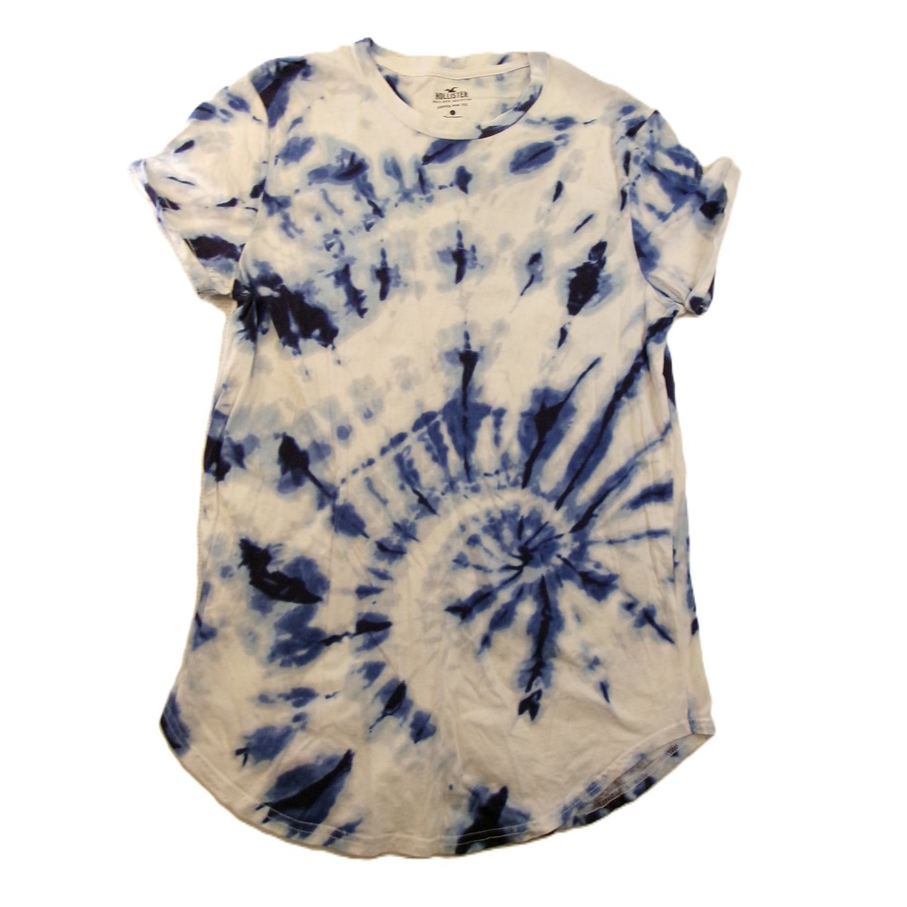 Hollister Mens Blue White Spiral Tie Dye Curved Hem Tee Shirt Large‎ L
